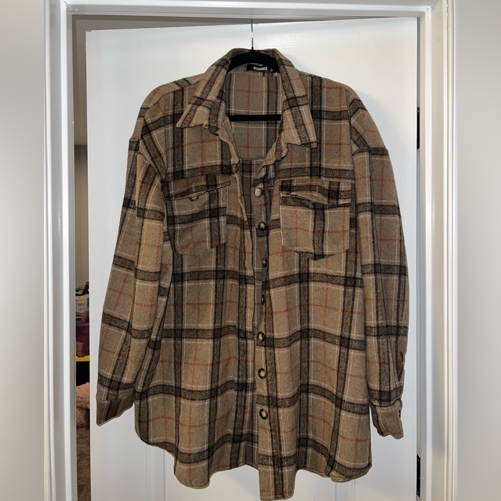 Missguided, Oversized Flannel, Color: Brown/Tan, Size: US 10 (M/L)